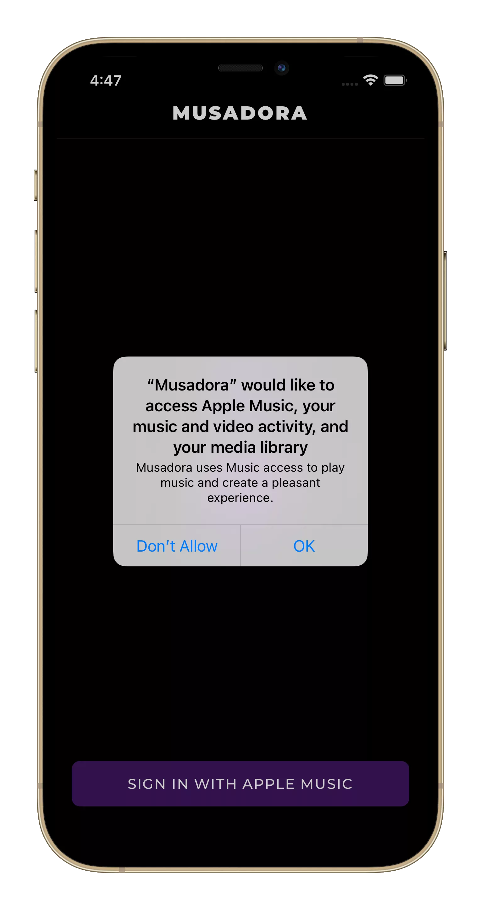 Prompt to access Apple Music in Musadora